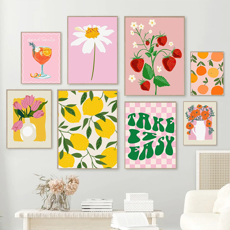 Home Cinema Wall Art - Farbenfrohe Homecoming Zitrone Erdbeere Blumen-Print Leinwandmalerei