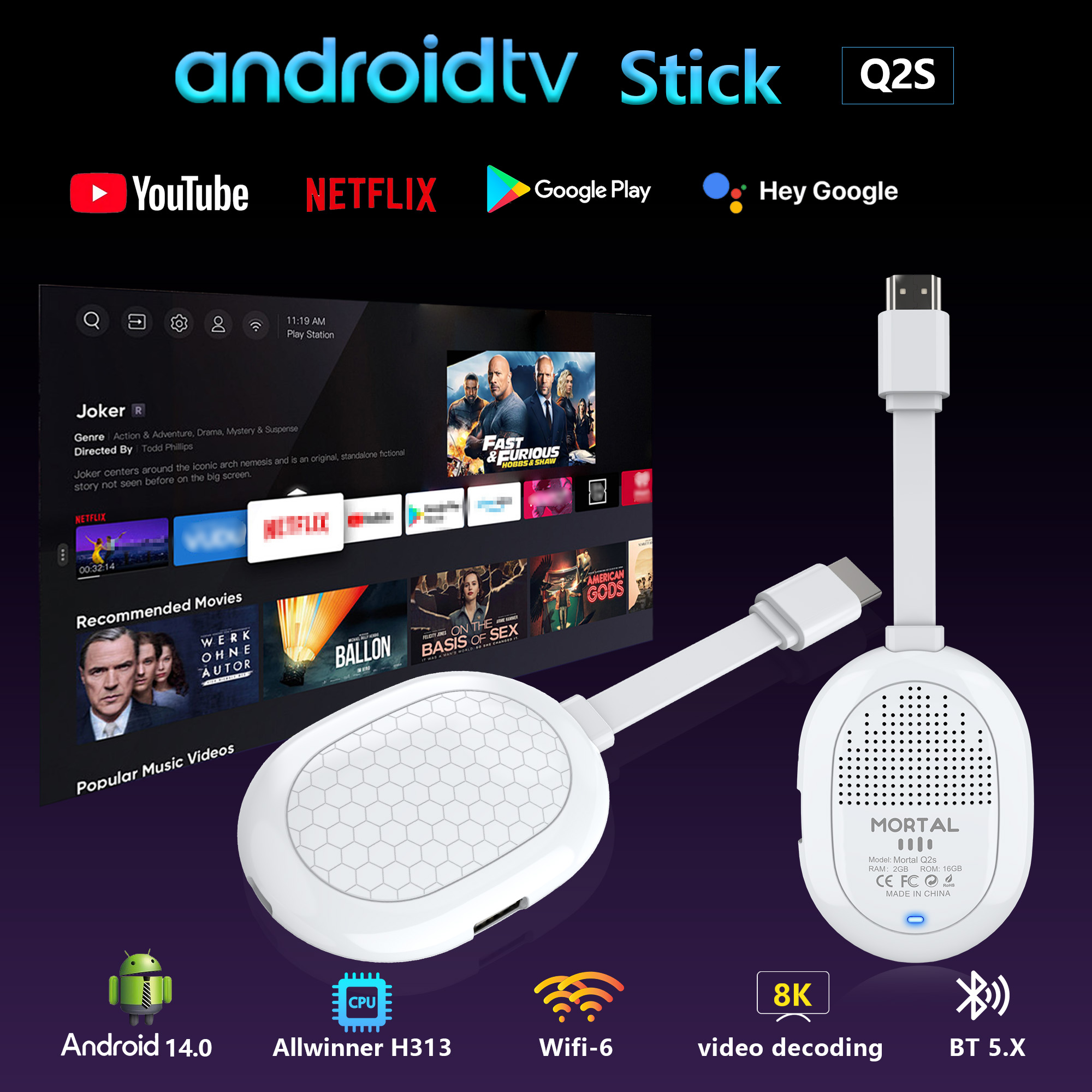 Home Cinema Google - HEIßER Android 14.0 Allwinner H313 TV-Stick